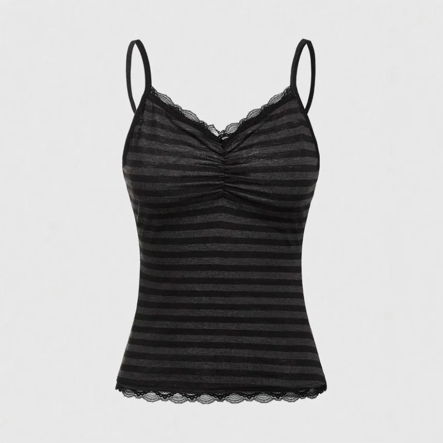 

2025 Women's Striped Contrasting Suspender Spring and Summer New Lace Patchwork Pleated Slim Fit Top