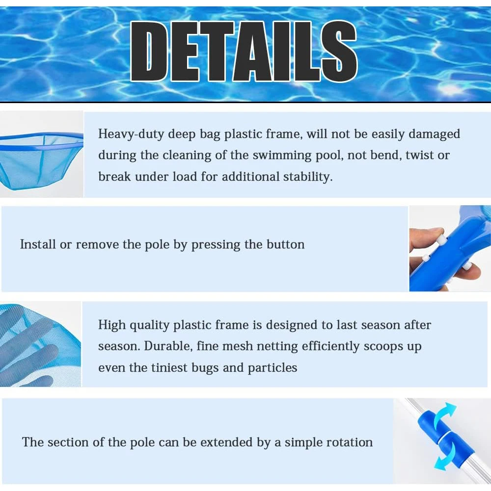 Pool Adjustable Skimmer Net Telescopic for Cleaning Detachable Surface of Swimming Leaf Pole Fine with Tub Spas and Fountains