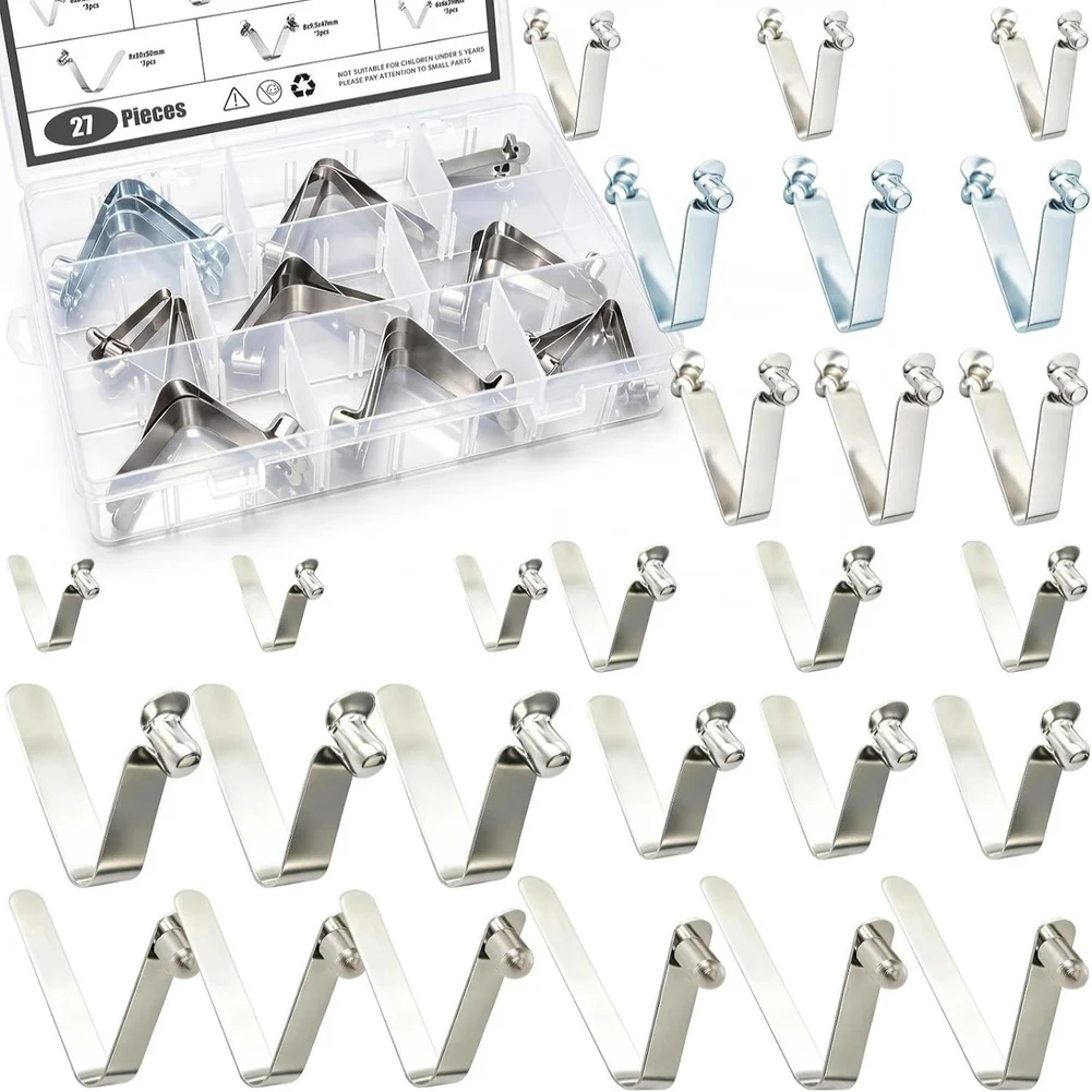 27 Piece Stainless Steel Spring Loaded Push Button Clips in 9 Sizes with Portable Storage Box for Camping Gear