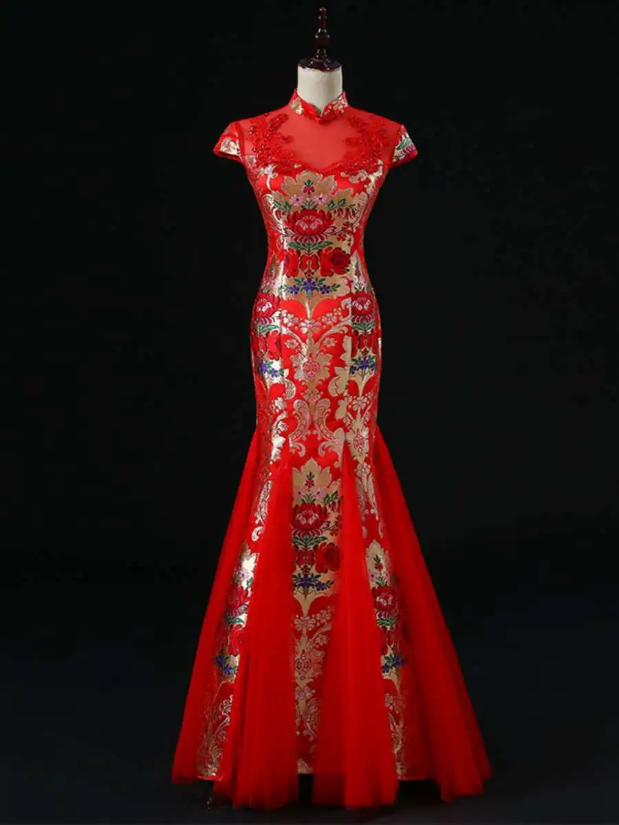 

Red Evening Gown Slim Fit Fi Tail Performance Costume ow Host Ceremony Flag Robe Annual Review Faionable Retro Sle