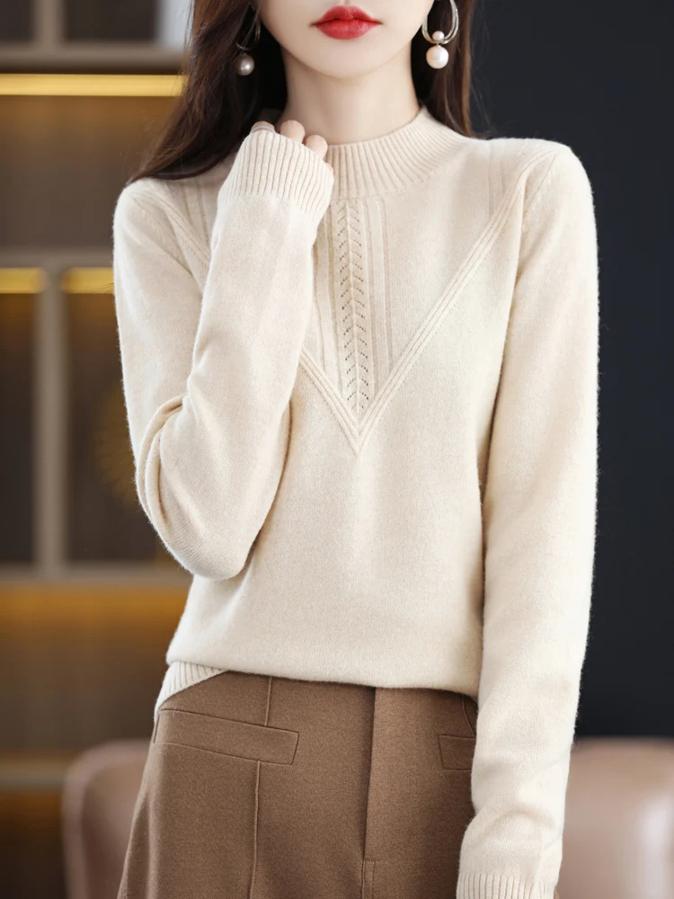 

100% Merino Wool Women Sweaters Autumn Winter Mock Neck Long Sleeve Pullover Soft Basic Bottoming Knitwear Female Clothing Tops