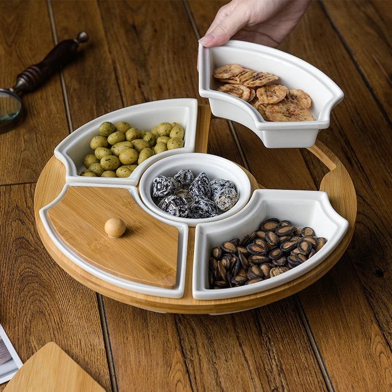 Five Grid Rotating Platter Home Ceramics Dried Fruit Plate with Wooden Lid Rotatable Tray Dust and Moisture Proof Snack