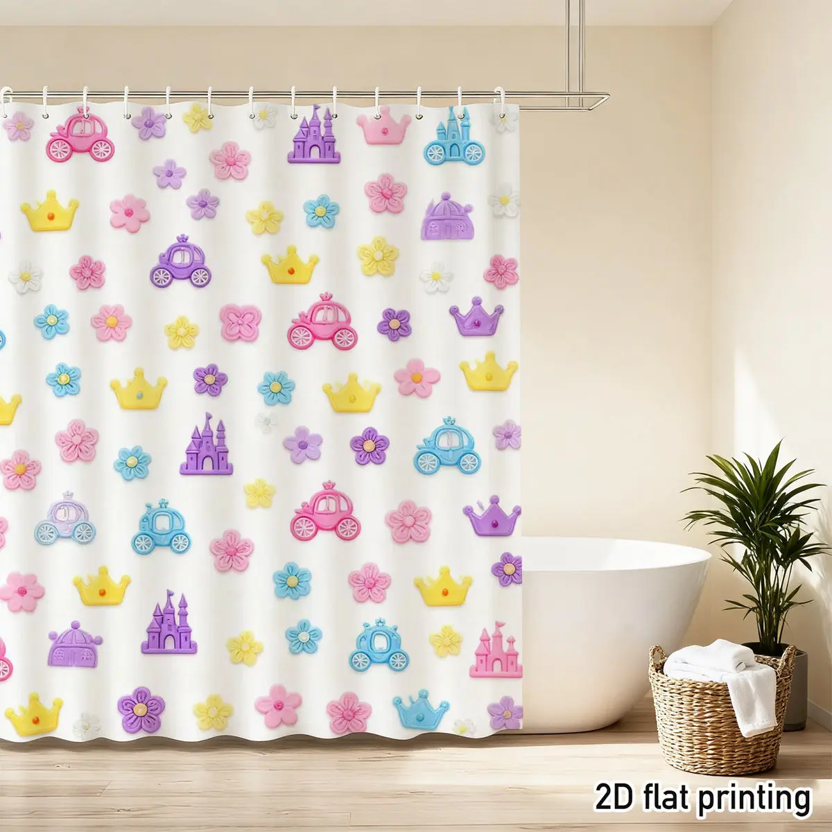 Cute Princess Shower Curtain - Cartoon Castle & Carriage Pattern, Colorful Crown & Flower Print, Kids Bathroom Decor