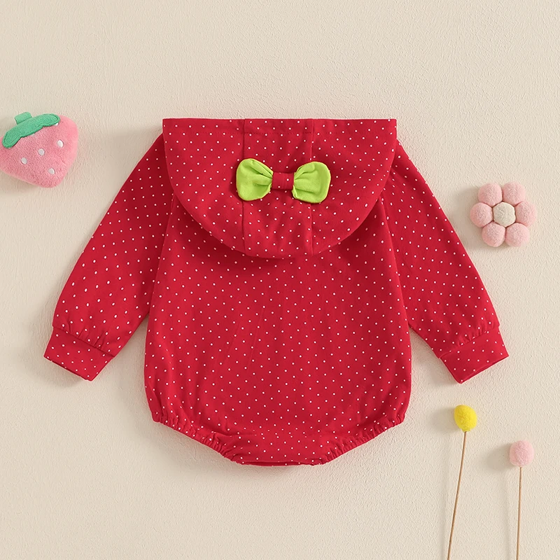 Toddler Baby Girls Hooded Romper Casual Dot Print Strawberry Embroidery Long Sleeve Jumpsuits for Newborn Fashion Clothes