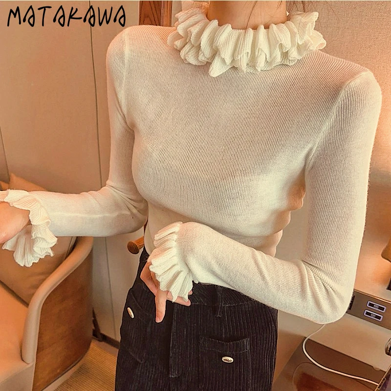 Matakawa Thin Short Pullovers Ruffles Spring Autumn Solid Basics Sweet Women Sweaters Korean Fashion Flare Sleeve Pull Femme