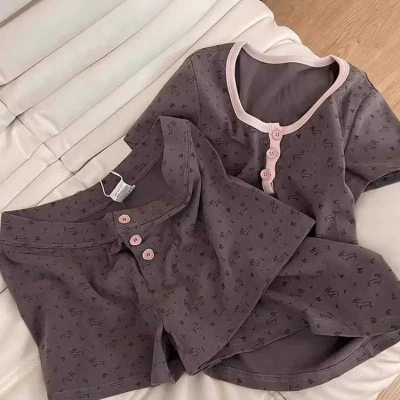 

Повседневная одежда для сна, женские пижамные комплекты, корейские пижамные летние шорты, комплекты из 2 предметов, ночная одежда с короткими рукавами, домашний костюм с принтом, новинка 2023 года