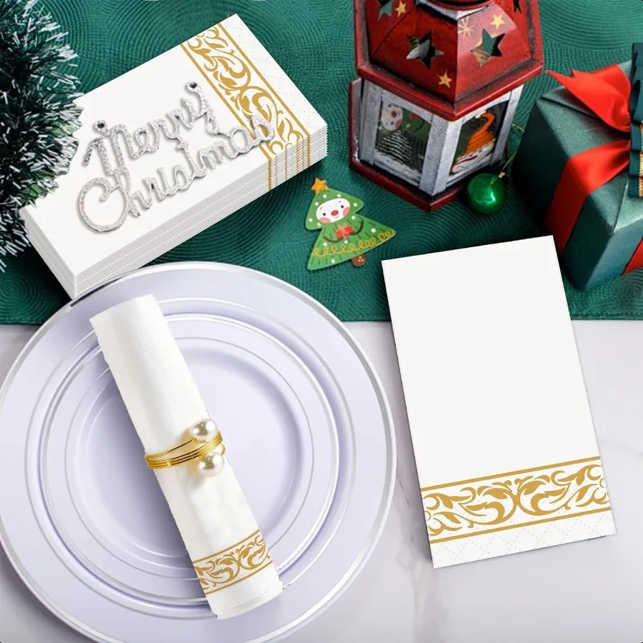 100 Pack  Paper Napkins Soft and Absorbent Hand Towels for Bathroom Decorative Napkins with Gold Trim 12.9x15.6 Unfold Ideal fo