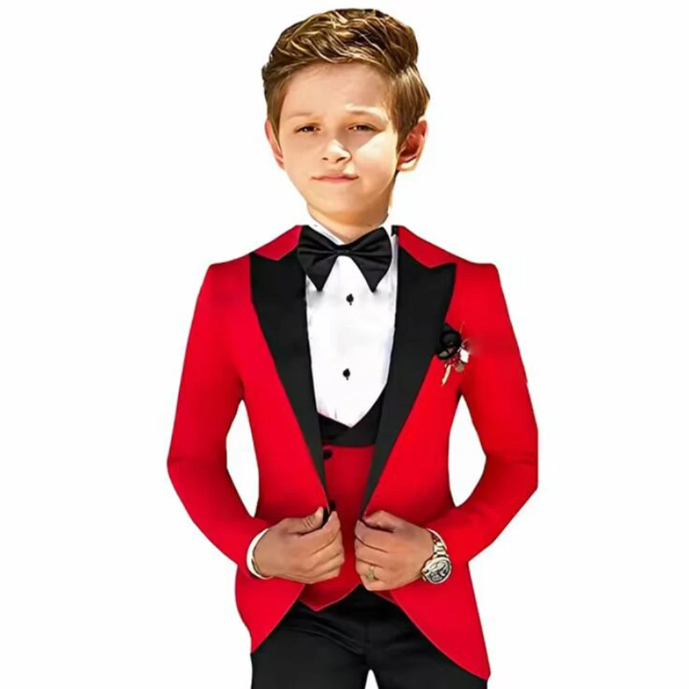 Red Boys Suit Jacket Pants Vest 3 Piece Wedding Tuxedo For Kids Peaked Lapel Blazer Set Fashion Formal Party Children Clothes