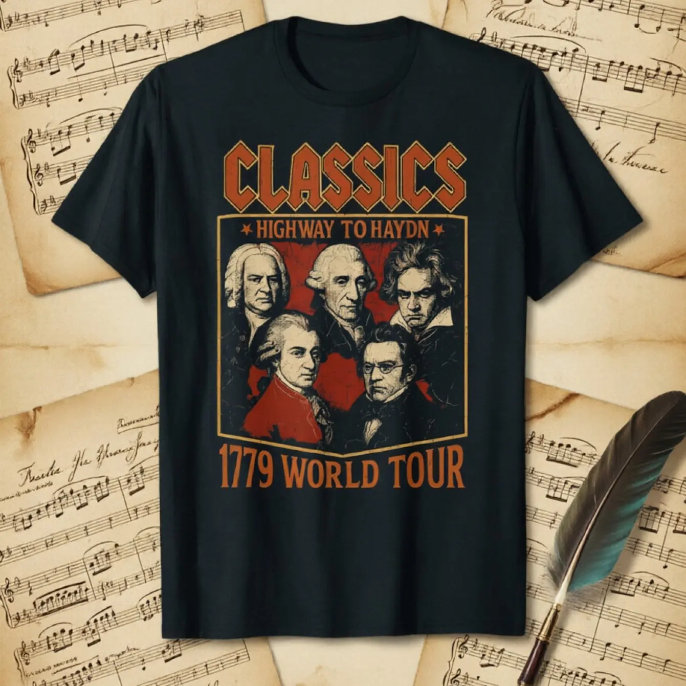 Humorous Unisex T-shirt Featuring Illustrations From Classical Composers Such As Mozart, Beethoven, and Bach