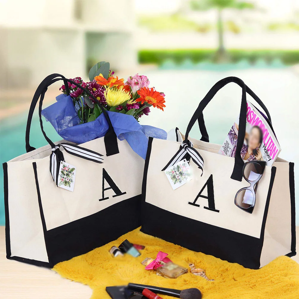 Canvas Tote Bag For Women Initial Travel Tote Bag Makeup Bag With Zipper Adjustable Strap Personalized Mothers Day Birthday Gift