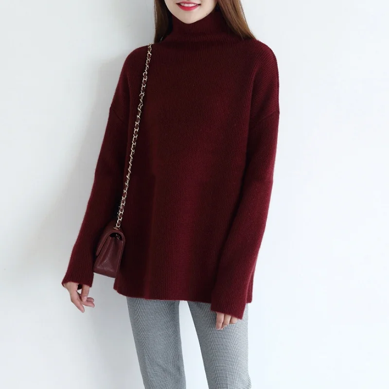 

Модный ленивый стиль, свободный однотонный вязаный свитер с полуводолазкой и длинными рукавами, повседневная женская одежда