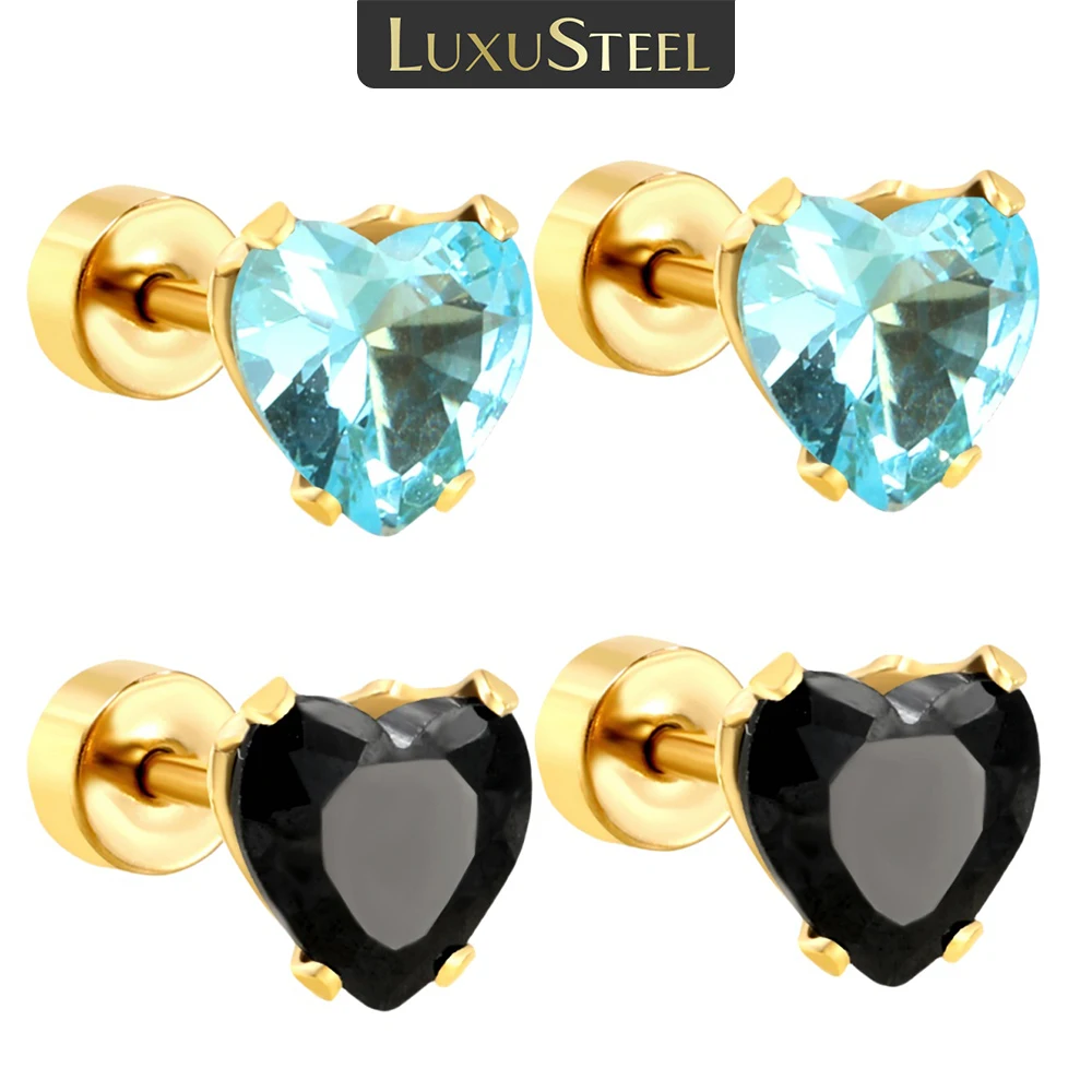 LUXUSTEEL Black Cubic Zirconia Heart Golden Earring Women Blue Stud Earrings Stainless Steel Female Earring Elegant Jewelry Gift