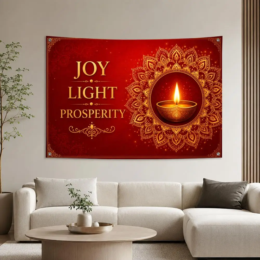 Red Gold Diwali Banner Flags Aesthetic Wall Tapestry Printed Wall Hanging Living Room Party Outdoor Decor