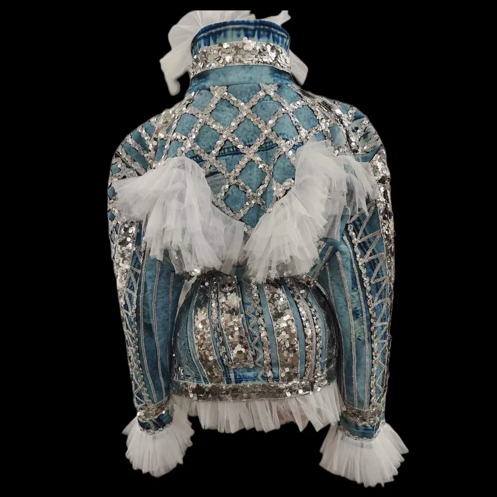 Veste en jean à paillettes brillantes pour femmes, gaze blanche, vêtements de défilé de mode sexy, costume de chanteur de scène, vêtements de club de fête, 2 pièces