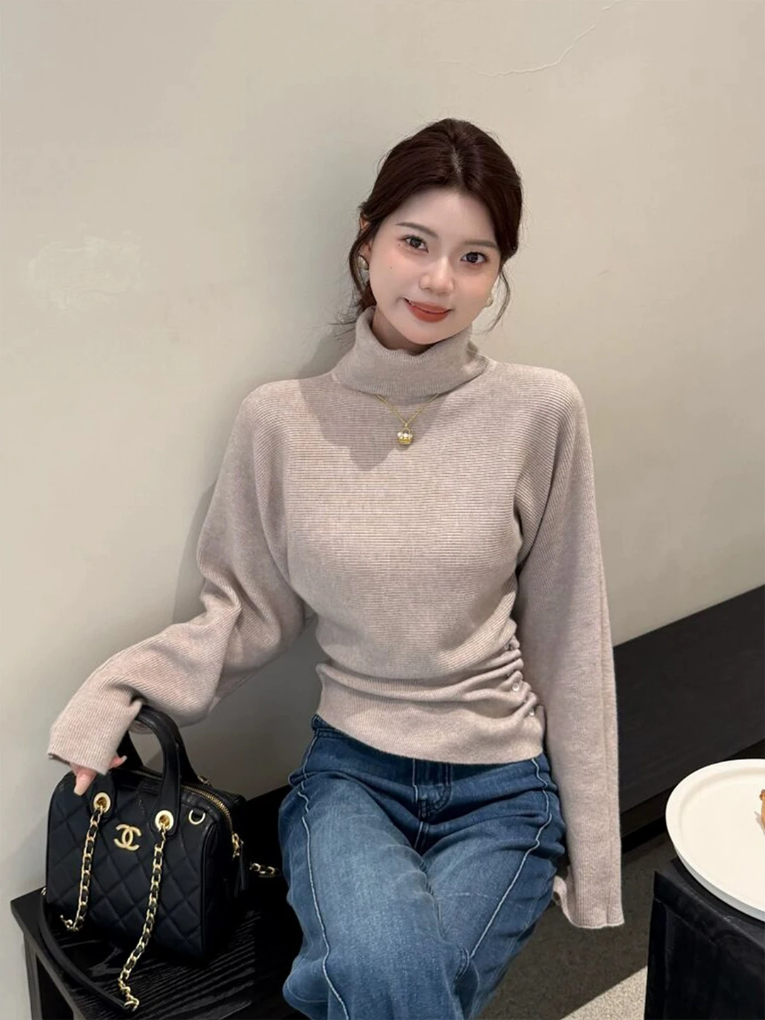 

Slimming High Collar Long Sve Knitted Base irt Women's Autumn Winter Irregular Sweater Inner Waist Cinching Top