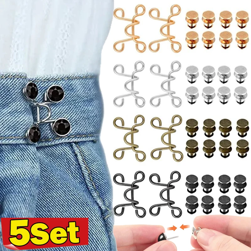 1/5Sets Nail-free Metal Jeans Button Snaps Detachable Pants Clips Buttons Pins DIY Waist Tightener Clothing Buckles Sewing Tools