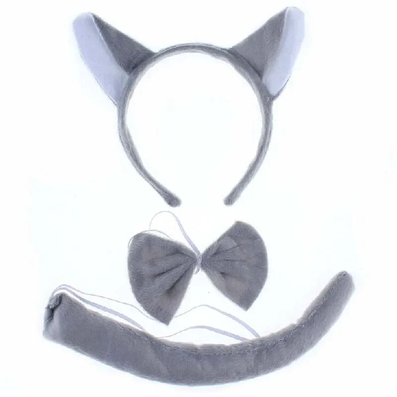 Party Männer Junge grau Wolf Stirnband Fliege Schwanz Set für Geburtstags geschenk Tier Haar bänder Plüsch Halloween Kostüm Cosplay
