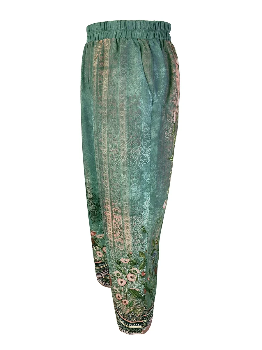 Hose mit hoher Taille, Blumenmuster, weitem Bein, für Damen, lässige, lockere Passform, elastischer Bund mit Taschen, Boho-Stil, unregelmäßiger Saum. – Detail 4