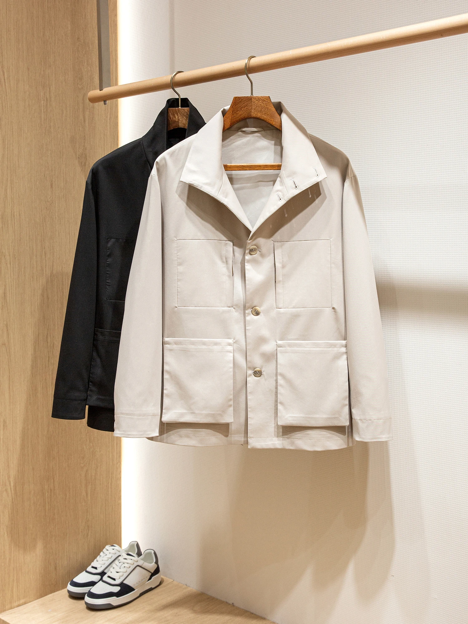 

ZZ acetate fiber blend old money style thin men's multi-pocket stand-up collar jacket