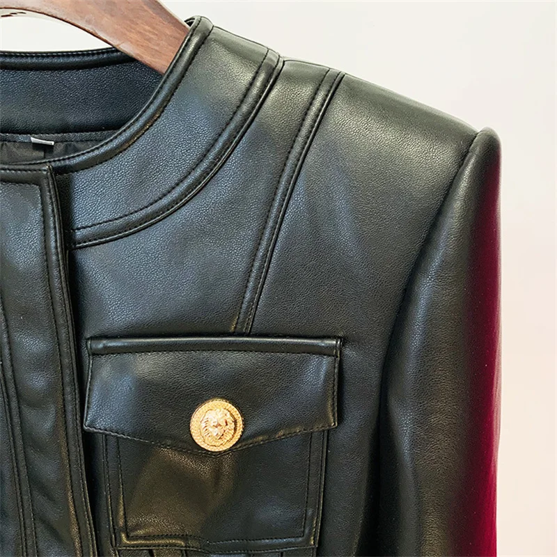 Women's leather jacket New autumn 2025 chicken hole lace up slim fit long sleeved top Metal button decoration short jacket coat