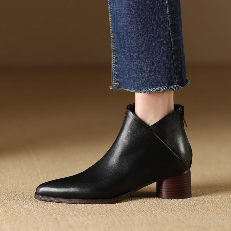 

Genuine Leather Retro Women Chelsea Boots Chunky Heel Short Boots Rear Zipper Woman Ankle Boots 2024 Autumn New Ladies Shoes