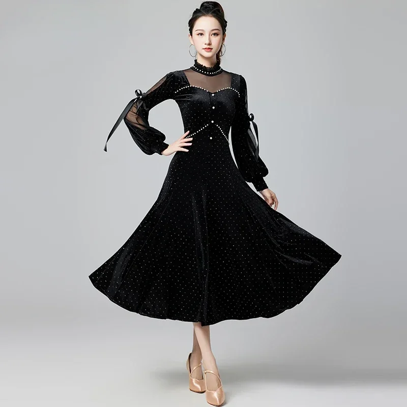 customized modern dance dress ladies' national standard waltz social dance big swing dress velvet competition performance outfit