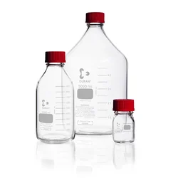 DURAN Original GL 45 Laboratory Bottle, clear, with high temperature resistant screw cap (PBT, red) and pouring ring (ETFE, red)