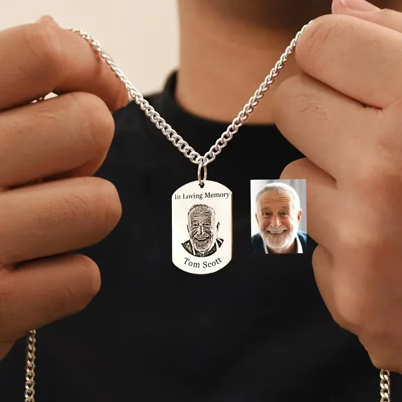 

Customized Cuban Chain Necklace Personalized Laser Engraved Portrait Photo Couple Memorial Pendant Necklace Gift For Father
