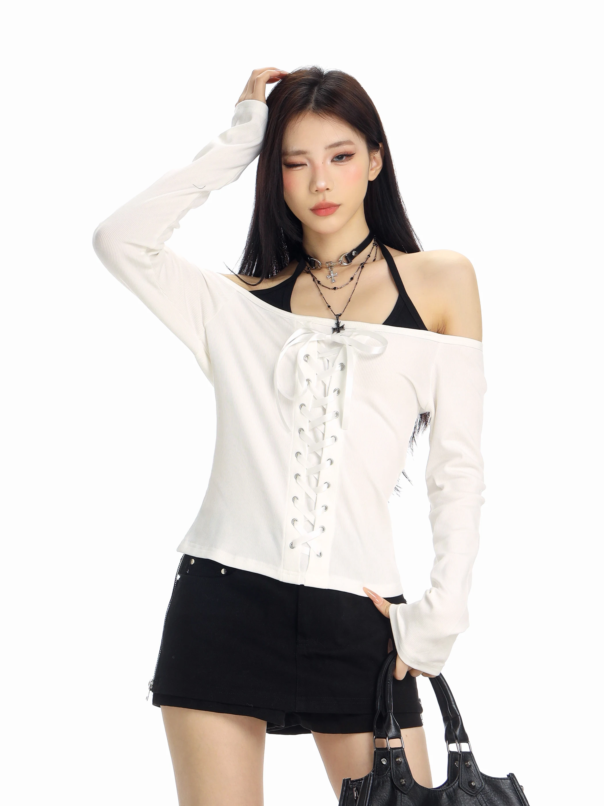 

Sexy American Sle Cross Print oulder Bared Long Sve T-irt for Girls Breathable Comfortable Slim Fit Ciwalk Top