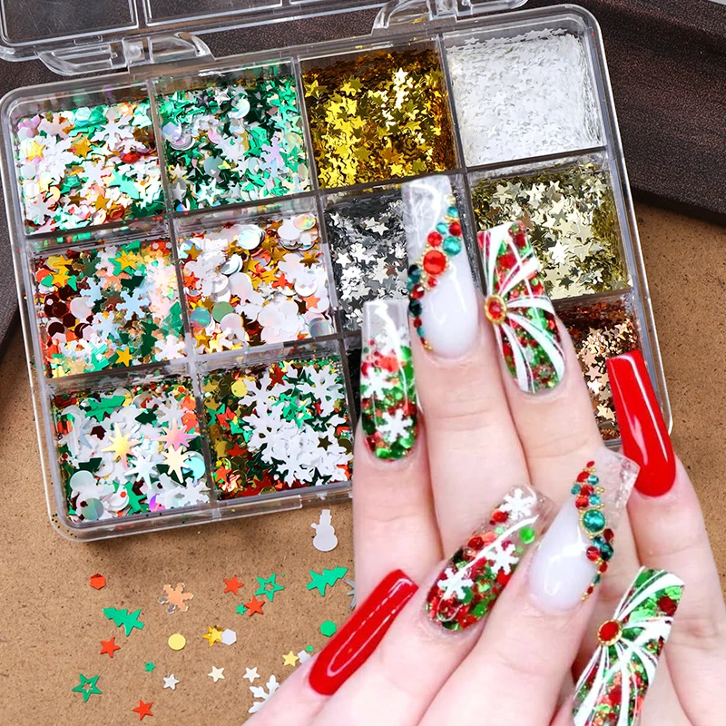12 Grids Mixed Christmas Nail Sequins 3D Snowflakes Xmas Tree Star Y2K Flakes Round/Hexagon Laser Nail Glitter Winter Decoration