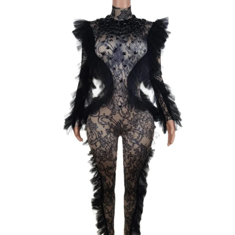 Fashion black lace Stone printed Jumpsuit Woman  Celebrate sexy Performance club birthday pole dance drag queen clothing AS1227