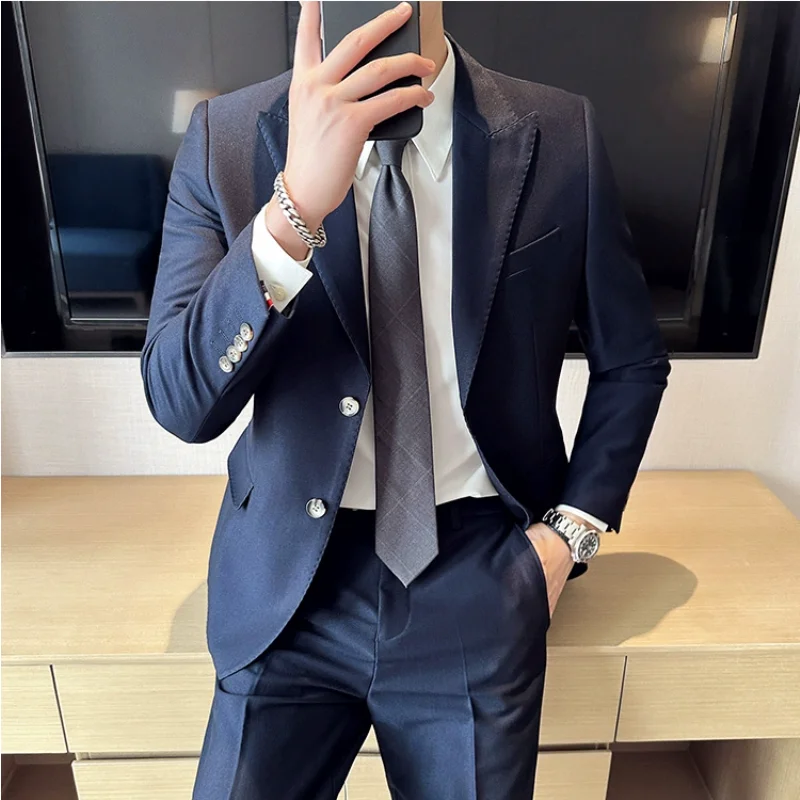 Jacket + Pants 2 Pieces Men\'s Elegant Fashion Slim Fit Suits Formal Business Wedding Tuxedos Casual Gentleman Solid Dress Suit