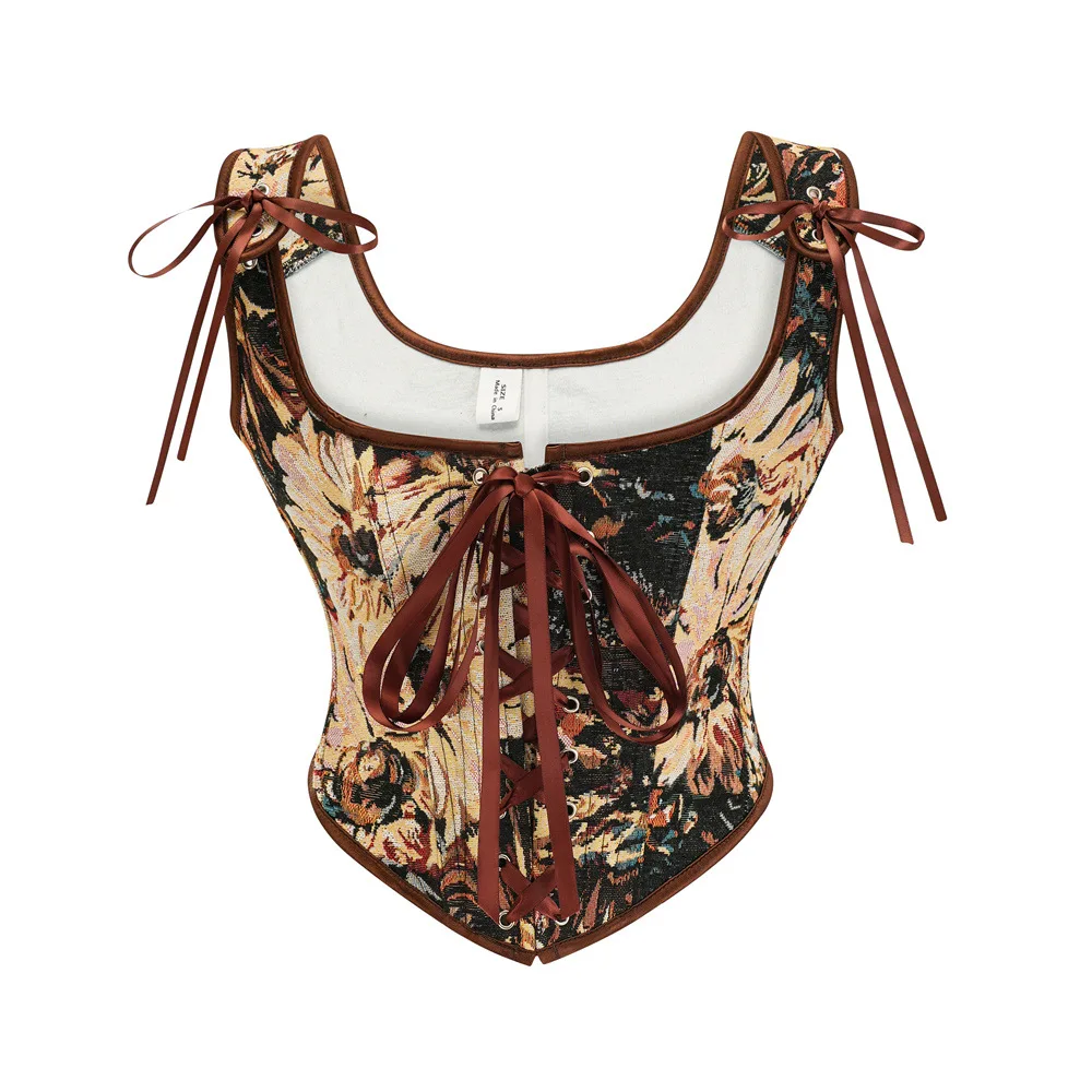 

Gothic Brown Corset Tops Sexy Victorian Vintage Corsets for Women Elegant Lace-up Bustier Tank Top Summer Fishbone Floral Camis