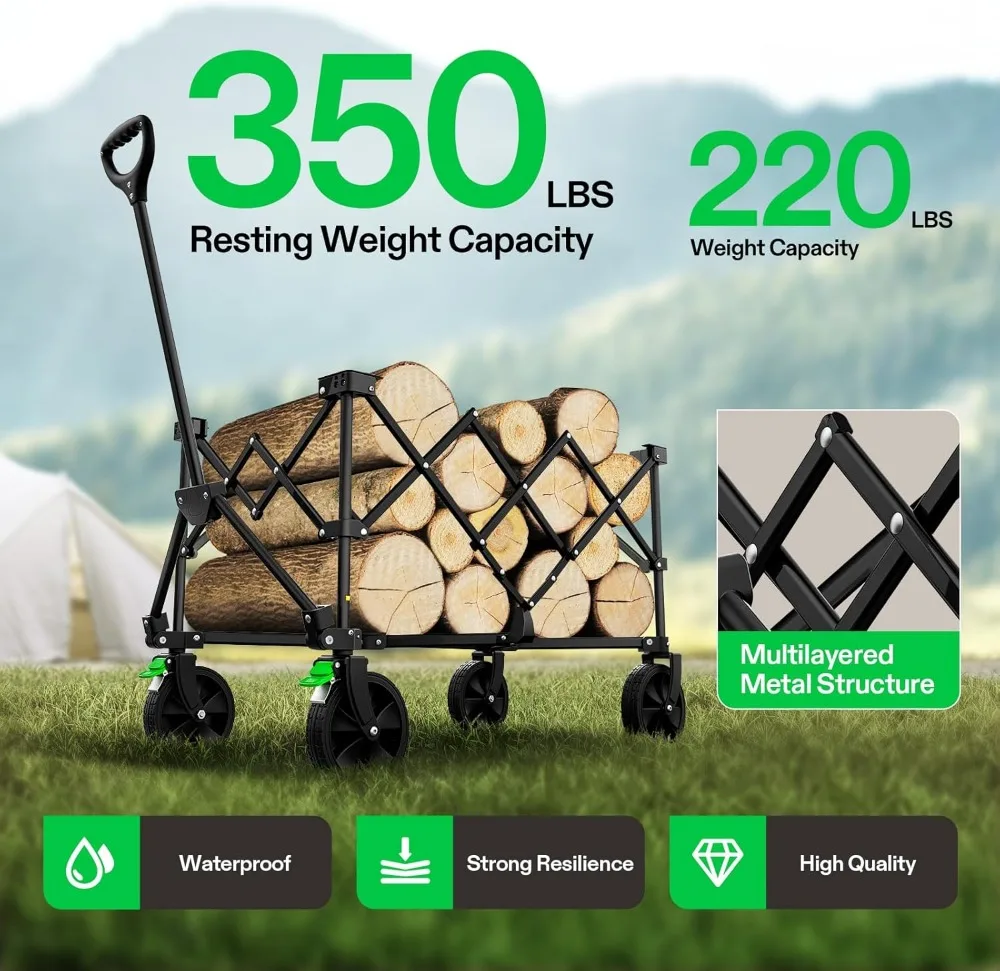 Carrinho de vagão dobrável com rodas silenciosas, porta-copos e bolsos, alça ajustável para uso ao ar livre
