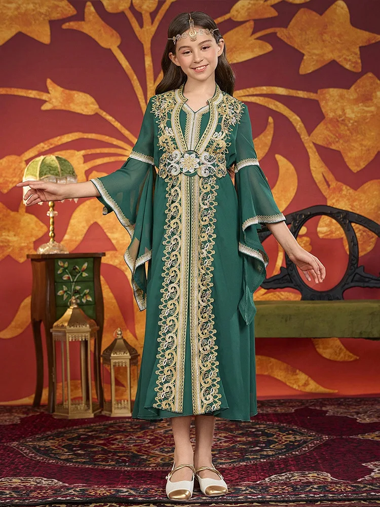 Elegante abito in chiffon arabo Dubai per ragazze manica svasata abito da festival saudita Abaya musulmano Marocco caftano Eid Djellaba Jalabiya