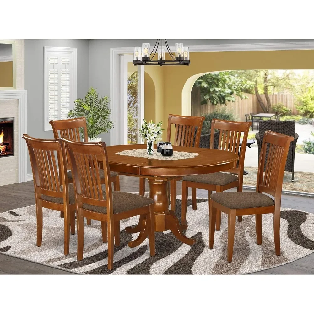 7 Piece Dining Table Set Consist of Oval Dining Room Table with Butterfly Leaf and 6 Linen Fabric Upholstered Chairs, 42x60 Inch