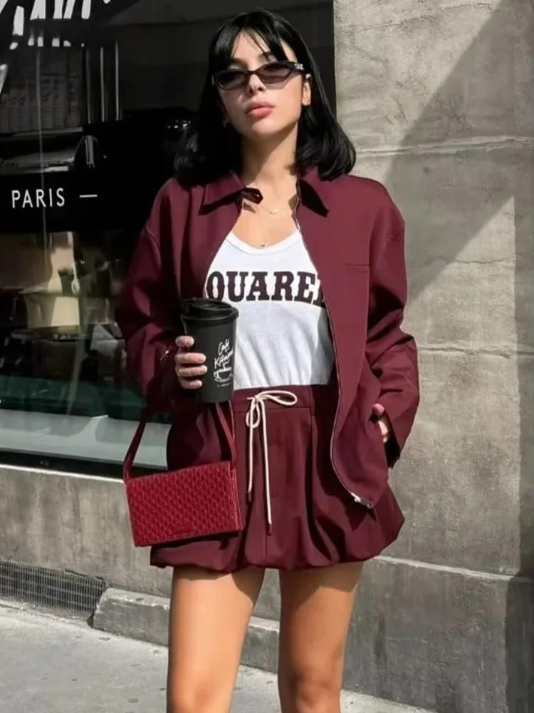 

Мини-юбка с завязками-фонариками, комплекты из 2 предметов, новинка 2025 года, модная куртка на молнии, женский костюм, повседневный комплект из 2 предметов, женская одежда