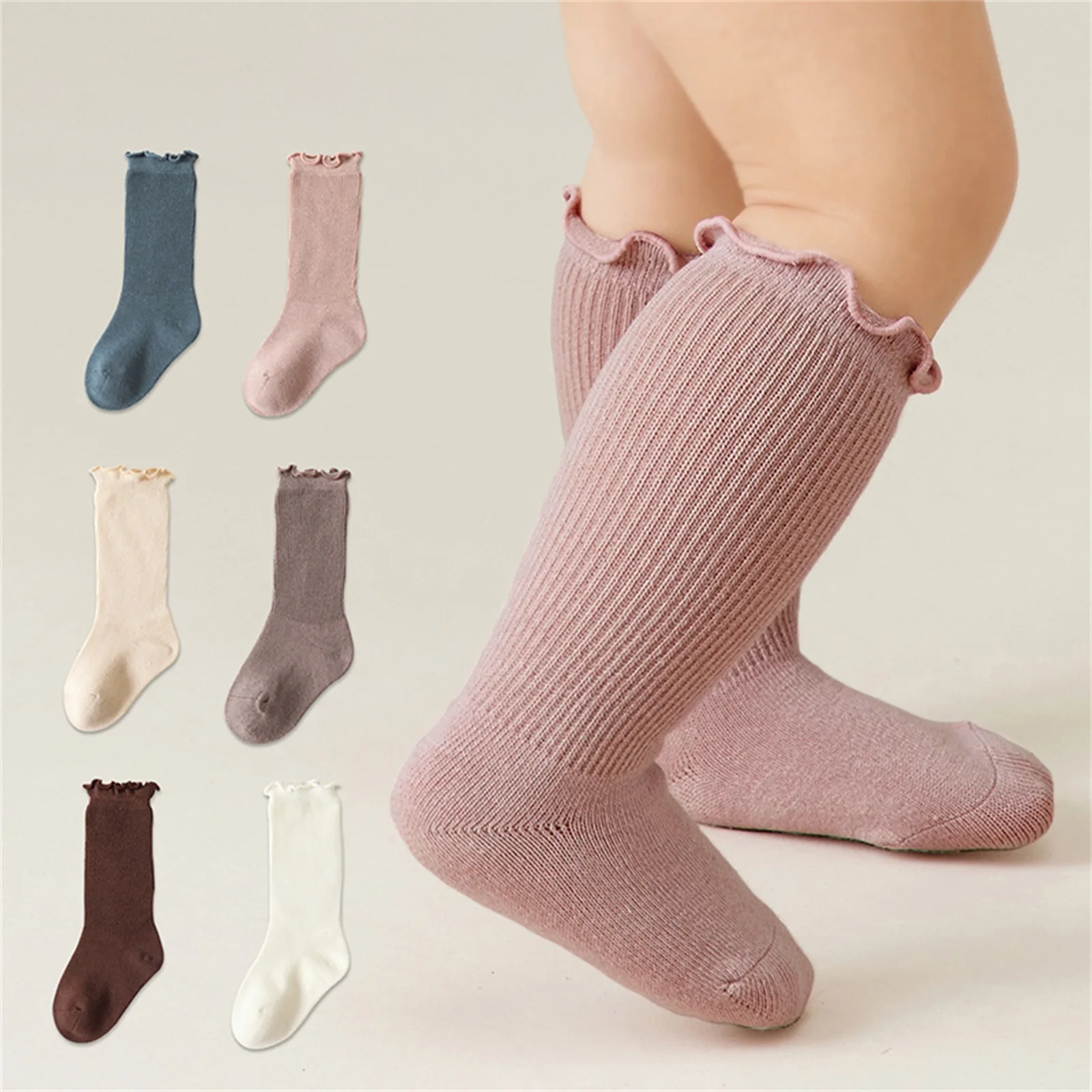 Calcetines largos hasta la rodilla para bebé, niña y niño, medias de princesa de Color sólido, transpirables con volantes, boca suelta, primavera y otoño