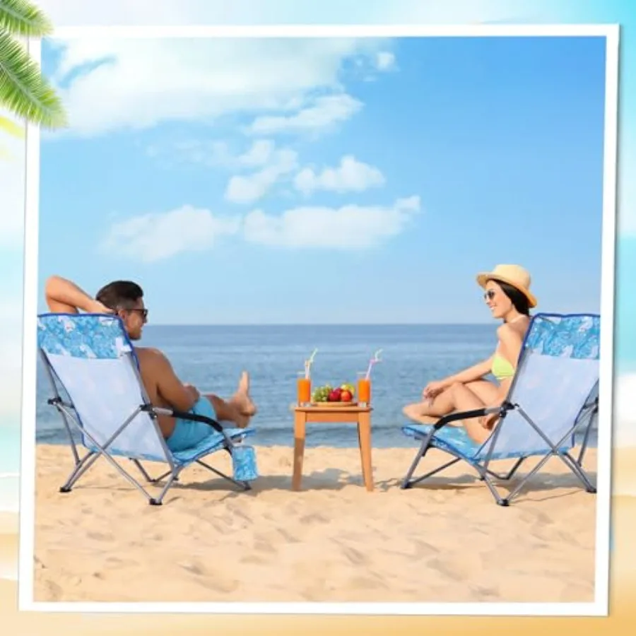 Beach chair for outdoor use, polyester fabric, blue with tropical flowers pattern, ergonomic back support and cup holder