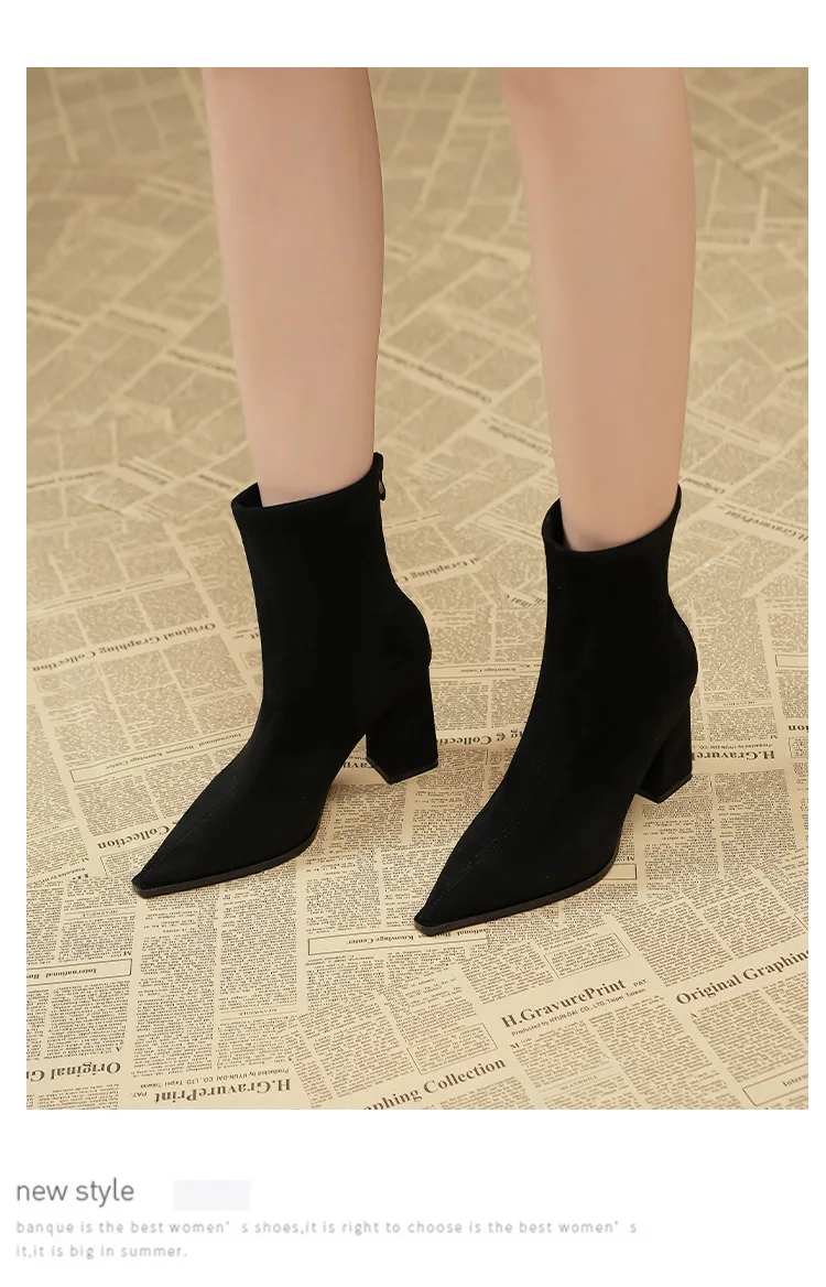 حجم 34-40 المرأة أسود/بني الجلد المدبوغ أشار تو كتلة عالية الكعب حذاء من الجلد لفصل الشتاء أحذية بوت قصيرة Q-131