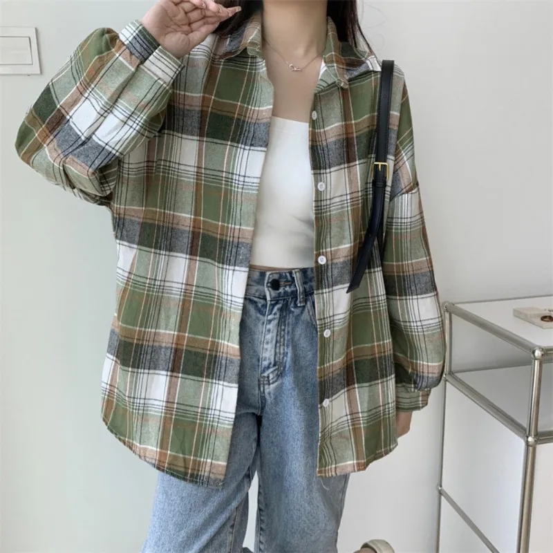 Plaid Shirt Women Summer Sun-proof Long Sleeve Basic Top Female Vintage Blouse Ladies Loose Daily Outwear Check Shirt