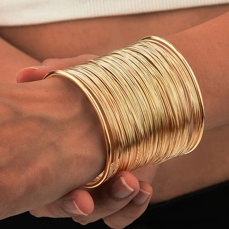 Браслет Fashion Women\'s Multilayer Metal Wires Strings Open Bangle Wide Cuff Bracelet Statement Jewelry Indian Bangles Luxury