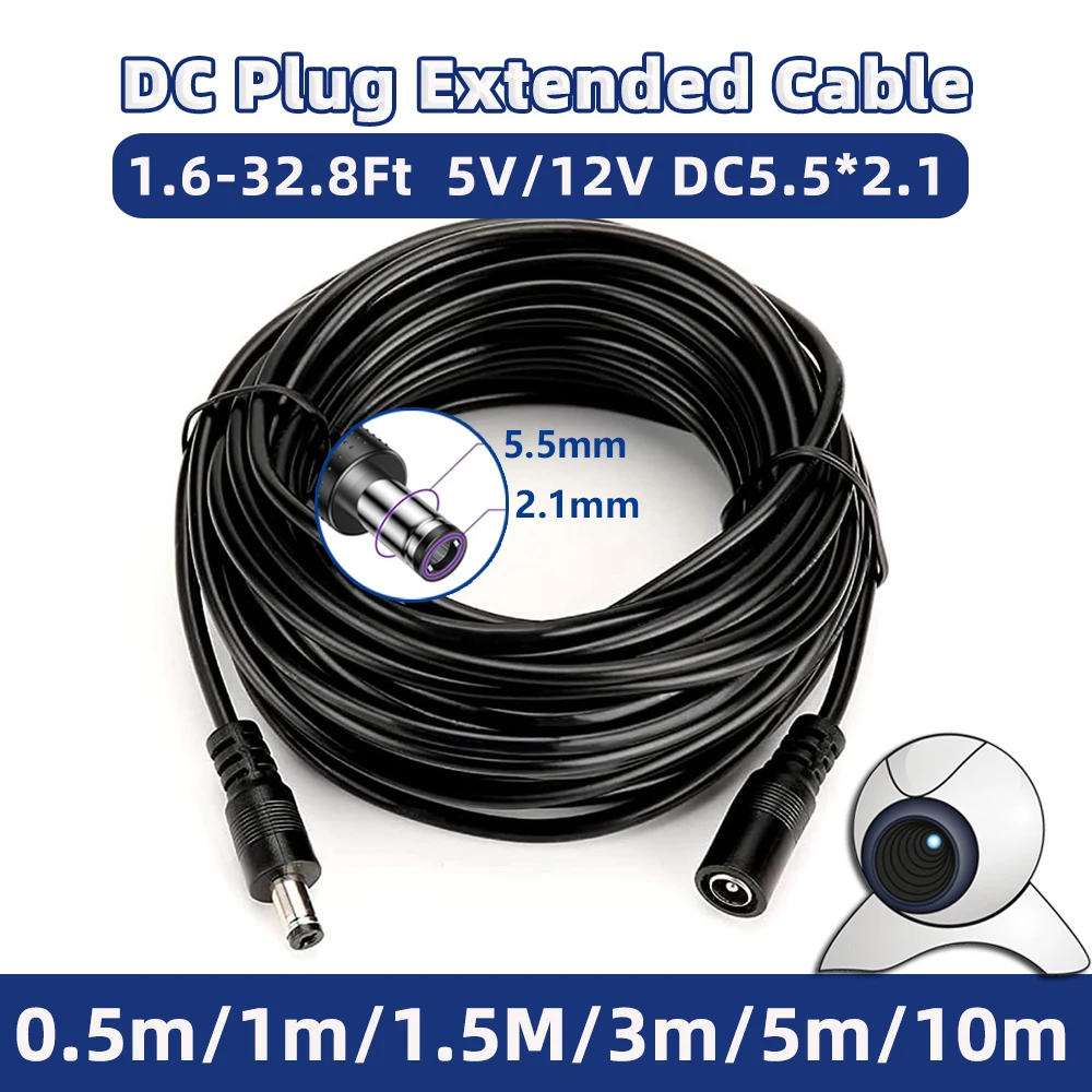 Plugue macho fêmea 5.5mm x 2.1mm, equipamento de monitoramento, cabo de extensão de energia, adaptador dc, cabo de alimentação 12v para equipamentos de monitoramento
