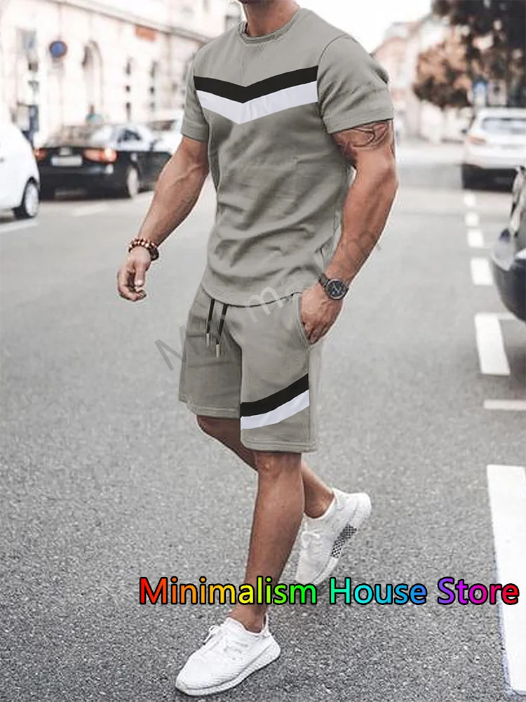 Summer New Men's Tracksuit Polo Stripe Printed T-shirt+Shorts Set Sport Outfit Jogging Suit Outdoor Streetwear Oversized Clothes