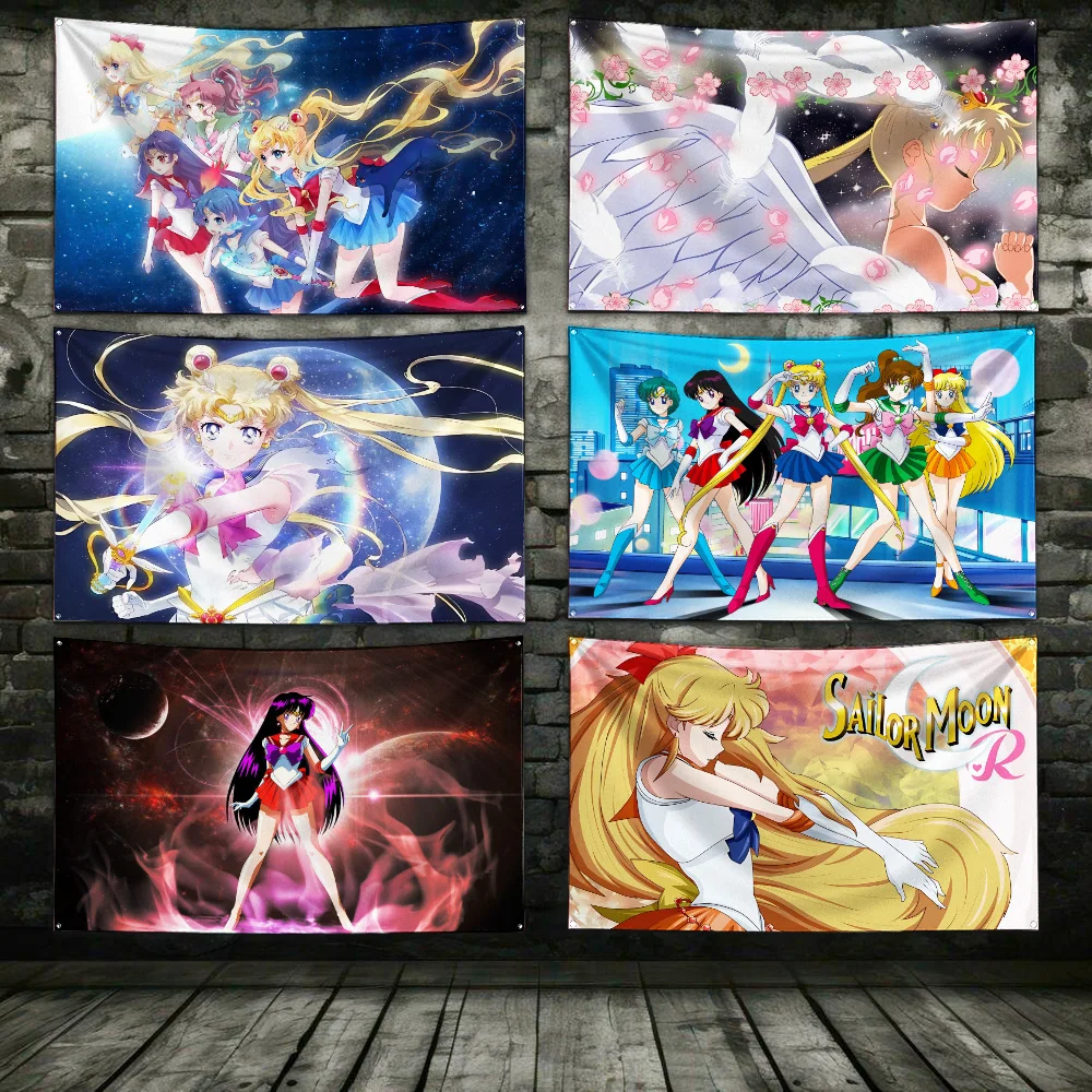 Sailor Moons Tsukino Usagi Flag Polyester Digital Printing Banner for Garage Wall Art Out Door Decoration With Brass Grommets