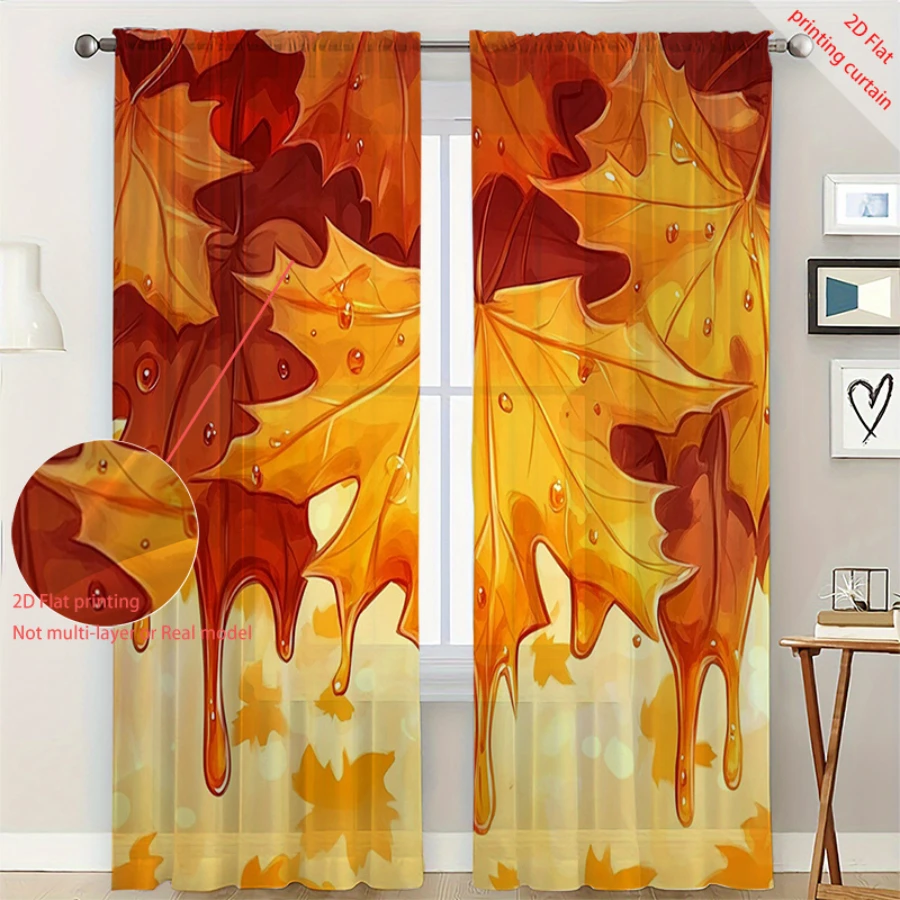 2PCS Maple Sheer Curtains, Red Yellow Maple Leaf Water, Digital Print, Bedroom Living Room, Rod Pocket Polyester, Home Decor