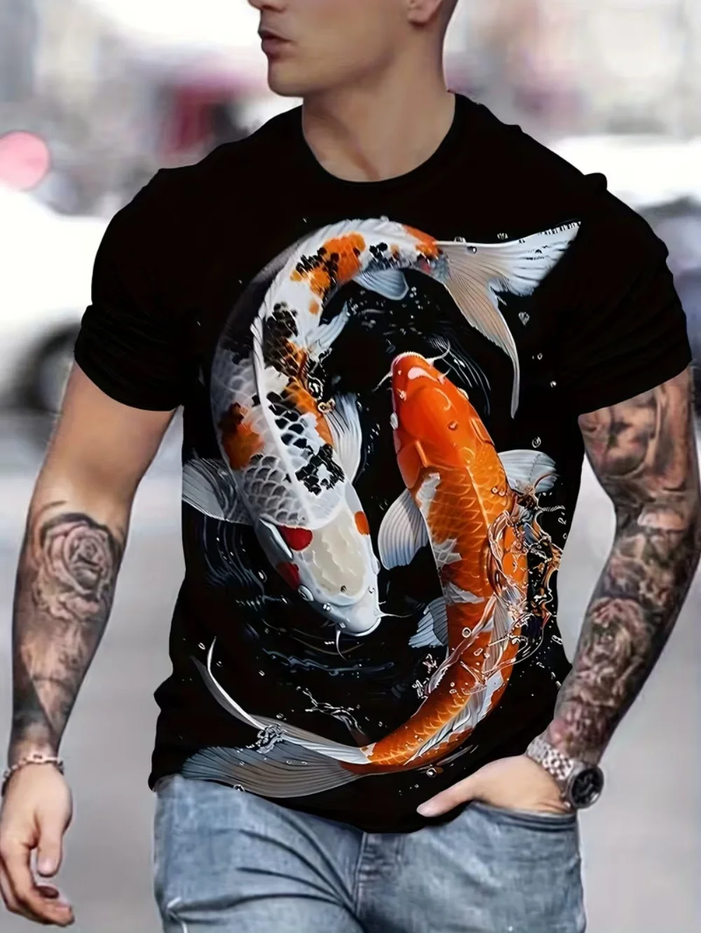 Herren-T-Shirt mit 3D-Druck, Koi-Muster, glückliches Kurzarm-Top, Sommer, Harajuku, lässig, minimalistischer Stil, Neujahrs-Herrenbekleidung – Detail 6