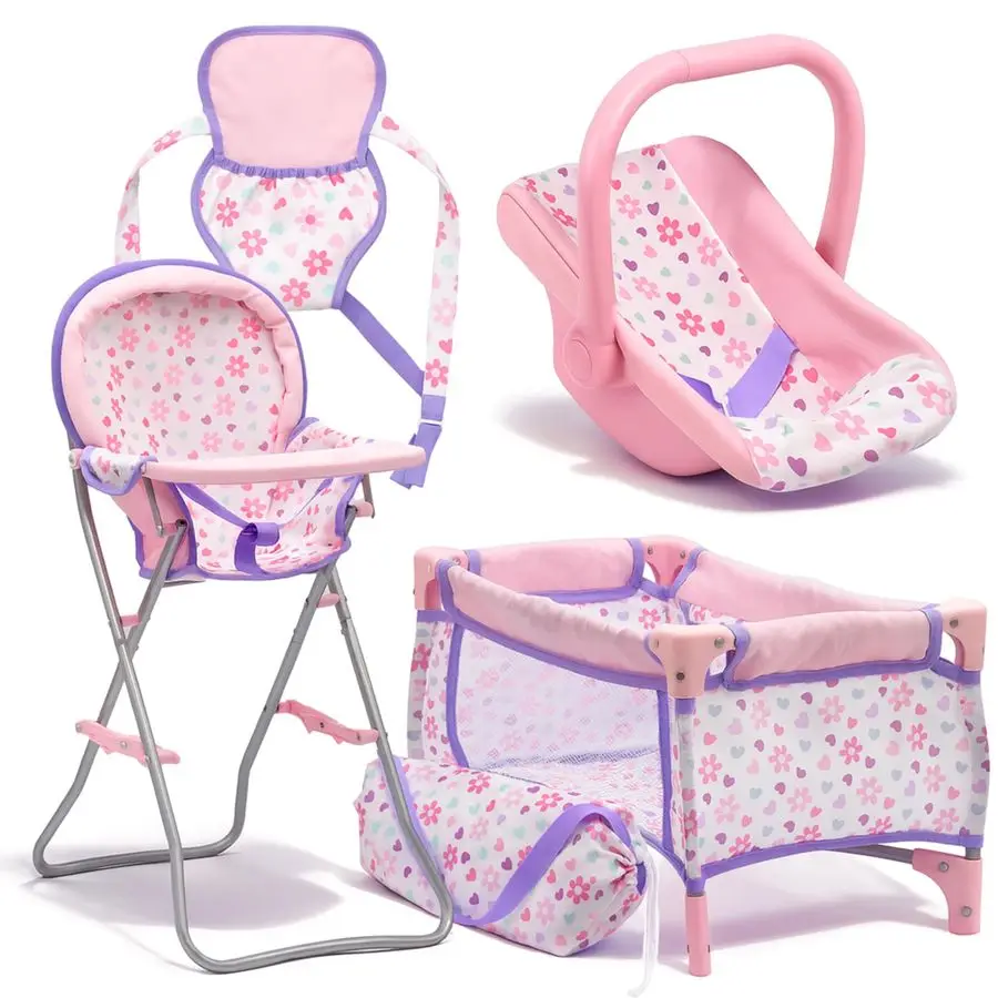 

Doll Nursery Playset Bed Carrier High Chair and Seat, Baby Doll Accessories Set Playpen Storage Bag Role Play Deluxe Doll Purple