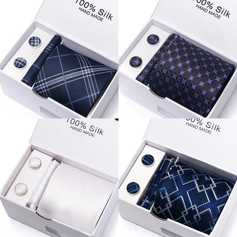 Gaya Klasik 65 Warna Penjualan Dasi Sutra Sapu Tangan Set Kancing Manset Pria Kotak Dasi Warna Solid Biru Langit Cocok untuk Pernikahan Kantor Cravat