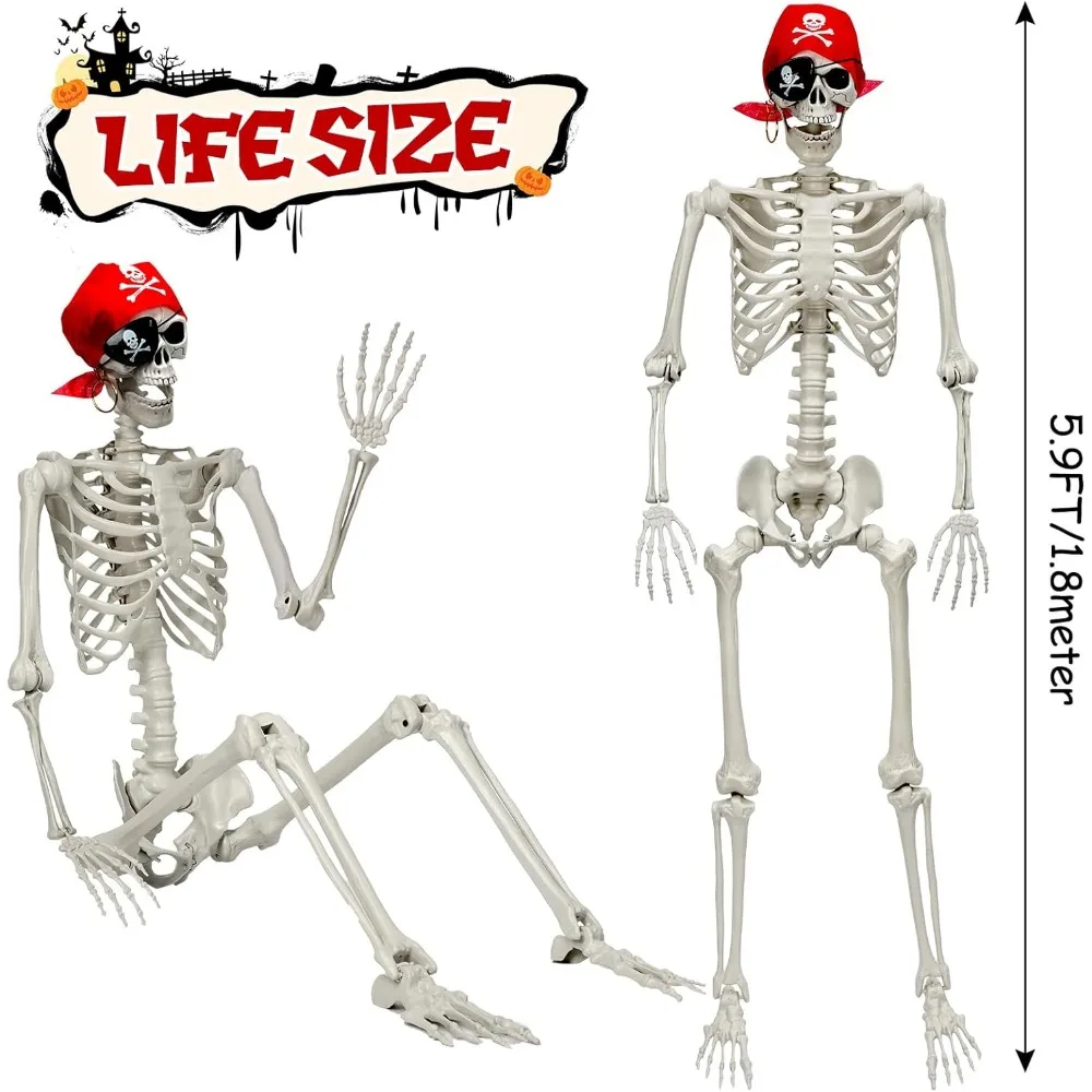 5.9 FT Halloween Skeleton Decorations, Halloween Posable Full Body Skeleton Decorations with Movable Joints for Halloween Party